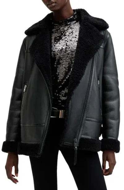 Allsaints Sola Oversize Genuine Shearling Biker Jacket In Black