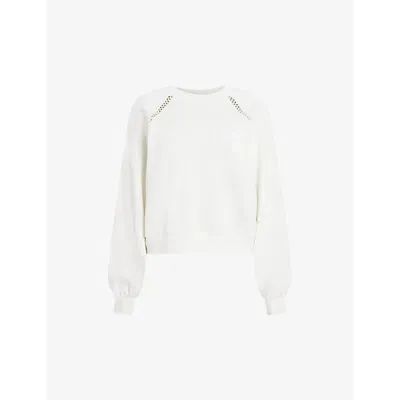 Allsaints Womens Chalk White Ewelina Ladder-trim Relaxed-fit Organic-cotton Sweatshirt