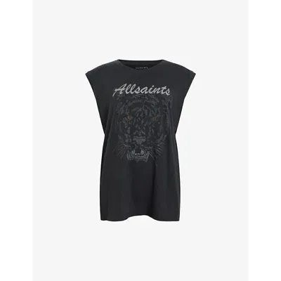 Allsaints Womens Washed Black Hunter Graphic-print Relaxed-fit Cotton Tank