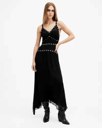 Allsaints Zita V-neck Eyelet Trim Midi Dress In Black