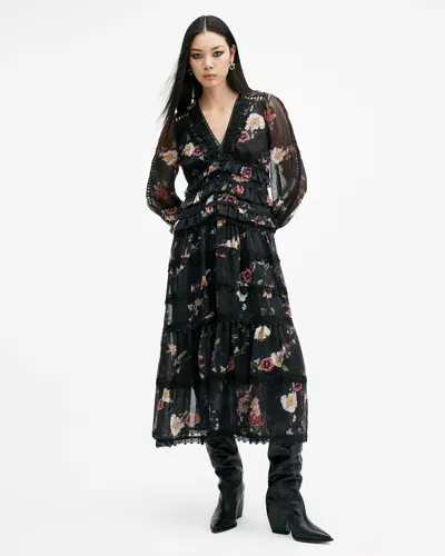 Allsaints Zora Floral Ruffle Midi Dress In Unity Black