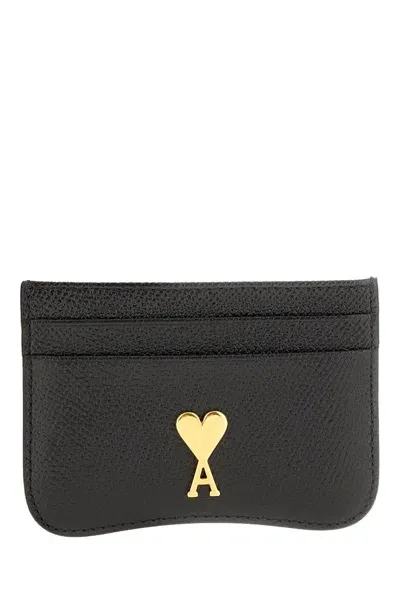 Ami Alexandre Mattiussi Paris De Coeur Logo Plaque Cardholder In Black/vibrated Brass