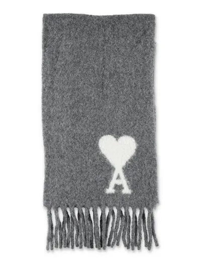 Ami Alexandre Mattiussi Paris Logo Detailed Fringed Scarf In Dark Grey