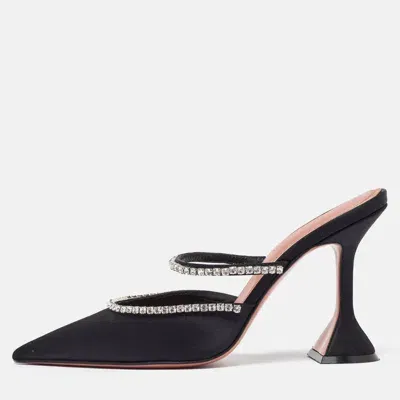 Pre-owned Amina Muaddi Black Satin Crystal Embellished Gilda Mules Size 37