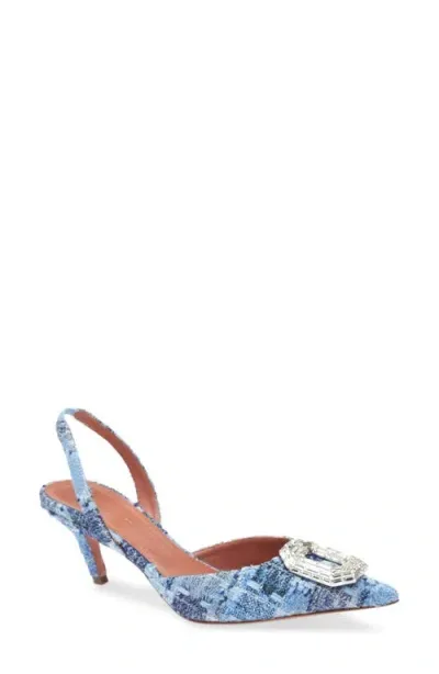 Amina Muaddi Camelia Crystal Buckle Pointed Toe Slingback Pump In Blue