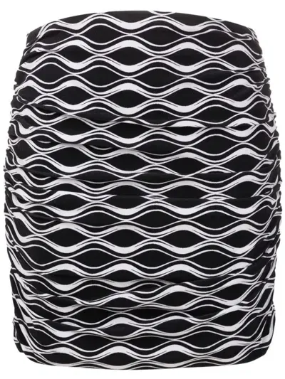 Amir Slama Ruched Wave-print Mini Skirt In Black