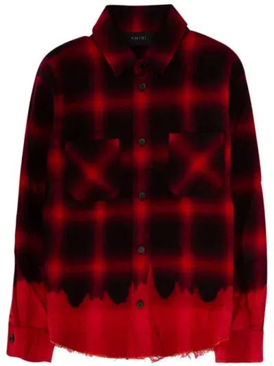 Amiri Kids Bleached Shadow Plaid Frayed Trim Shirt In Red