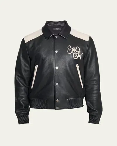 Amiri Ma Swirl Leather Varsity Jacket In Black