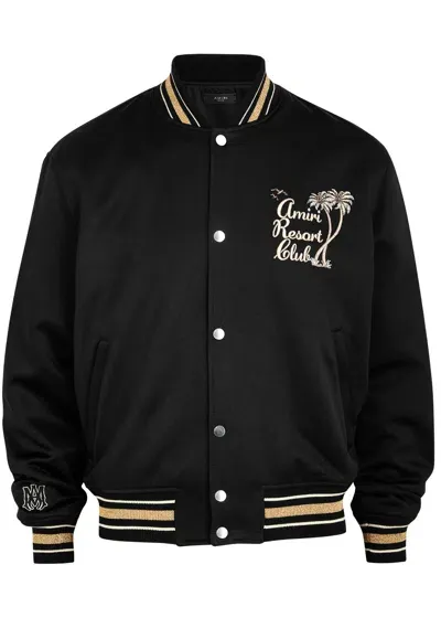 Amiri Resort Club Embroidered Satin Bomber Jacket In Black