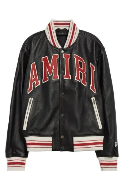 Amiri Black Bomber Jacket With Logo Patch In Leather Man