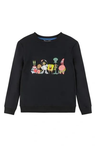 Andy & Evan Boys' Spongebob Squarepants X Stone-washed Screenprint Front & Back Printed Crew Sweater - Big Kid In Black