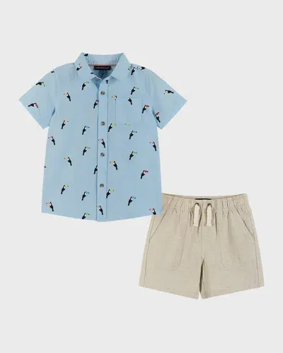 Andy & Evan Kids' Boy's Parrot-print Button Down Shirt & Shorts Set In Blue Toucan