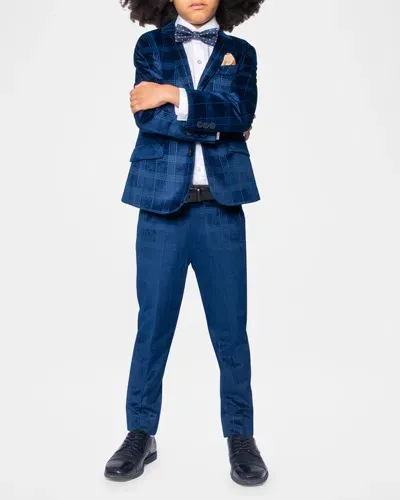 Appaman Kids' Boy's Plaid-print Velvet Blazer In Blue Velvet Windows