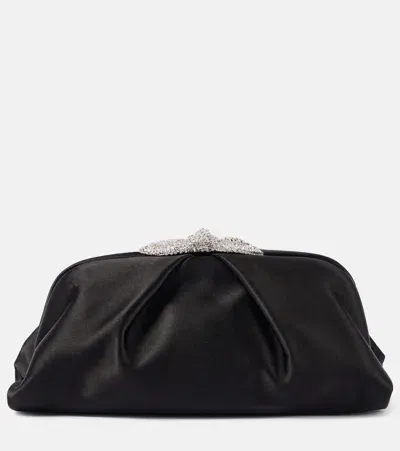 Aquazzura Very Bow Tie Embellished Satin Clutch In Black/crystal/palladium