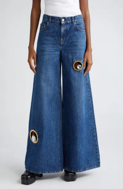 Area Crystal Eyelet Wide-leg Jeans In Blue