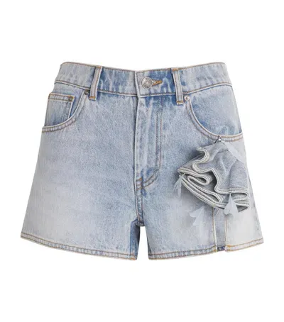 Area Nyc Flower Corsage Denim Shorts In Blue