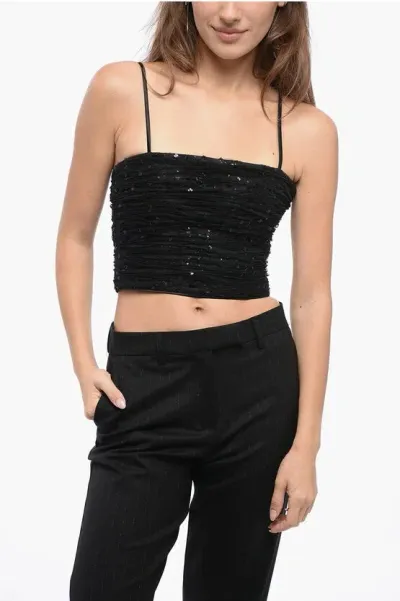 Armani Collezioni Drapped Mesh Top With Sequined Embroderies In Black