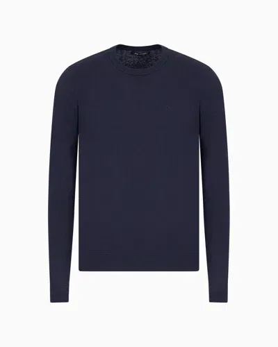 Armani Exchange Basic Crew Neck Sweater With Asv Embroidered Logo In Blue