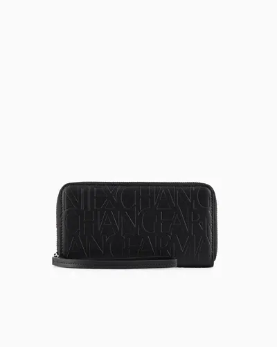 Armani Exchange Crocodile Print Zip Around Wallet In Black