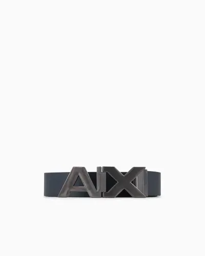 Armani Exchange Reversible Leather Belt With Satin Metal Logo Buckle In Black