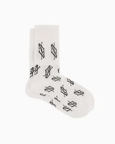 Armani Exchange Ribbed Cotton Blend Socks With Monogram Logo In White