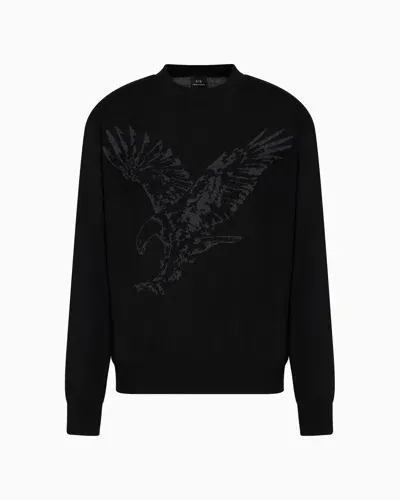 Armani Exchange Wool Blend Crew Neck Sweater With Embroidered Eagle In Black