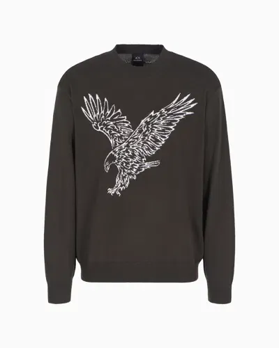 Armani Exchange Wool Blend Crew Neck Sweater With Embroidered Eagle In Black