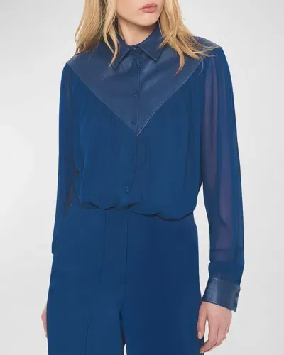 As By Df Jenna Button-front Georgette Blouse In Navy Blue