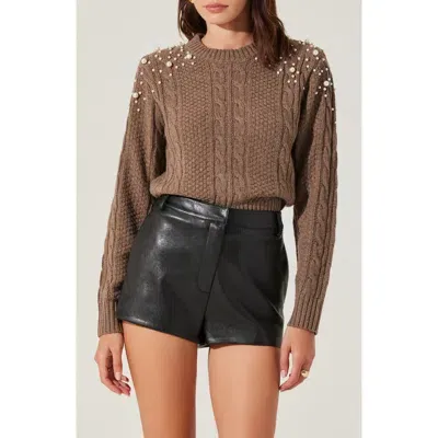 Astr The Label Imitation Pearl Detail Cable Sweater In Taupe