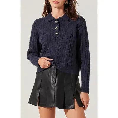 Astr The Label Jewel Button Cable Polo Sweater In Midnight