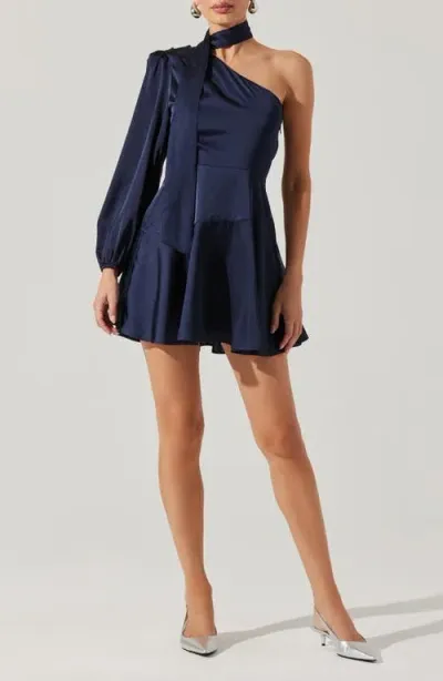 Astr The Label Satin Scarf One-shoulder Minidress In Midnight