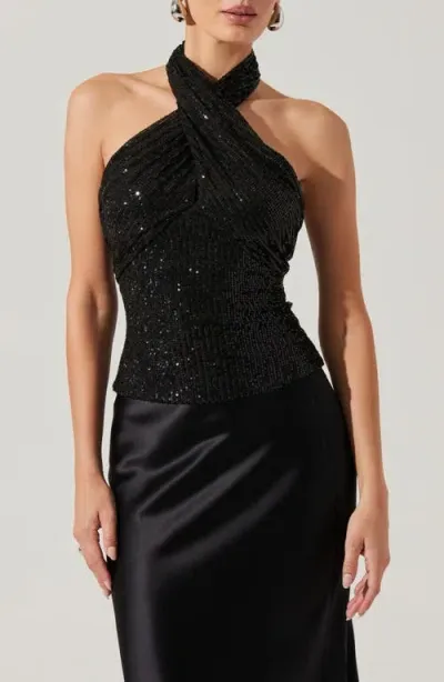 Astr The Label Sequin Halter Top In Black