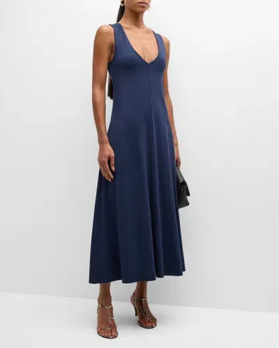 Atm Anthony Thomas Melillo Matte Jersey Deep V-neck Sleeveless Midi Dress In Midnight