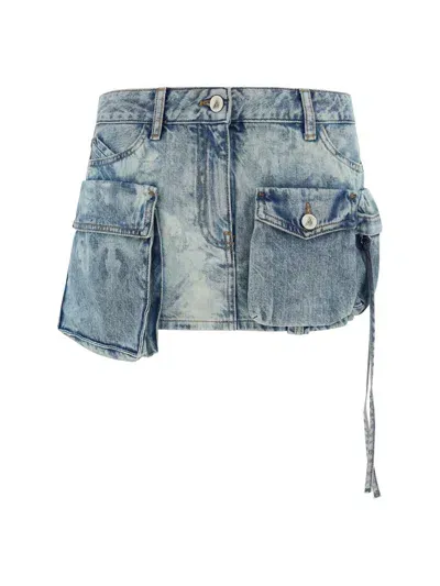 Attico Denim Mini Skirt In Bleached Blue