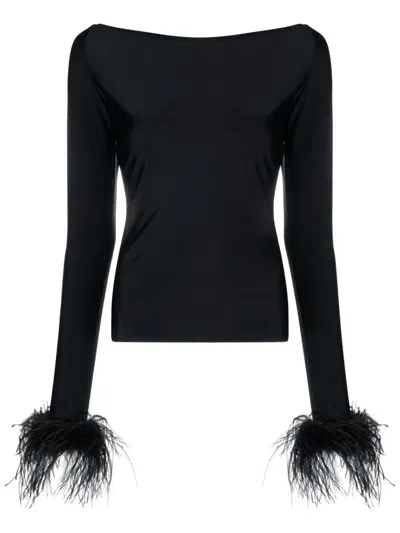 Atu Body Couture Feather-cuffs Long Sleeve Top In Black