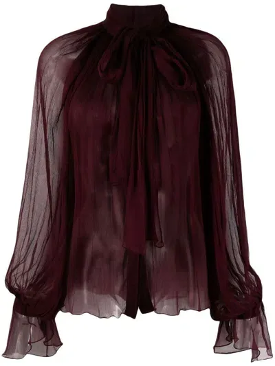 Atu Body Couture Semi-sheer Tie-neck Blouse In Red