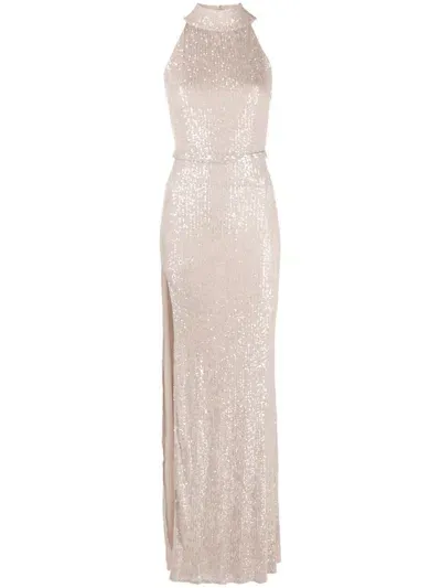 Atu Body Couture Sequin-design Side-slit Gown In Neutrals