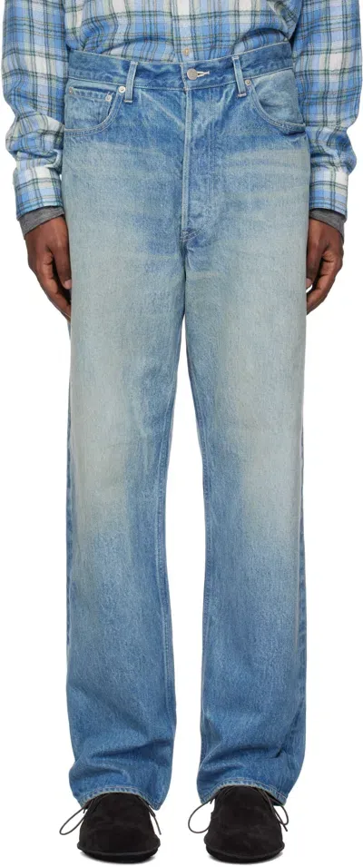 Auralee Blue Selvedge Faded Heavy Denim Wide Jeans In Faded Indigo