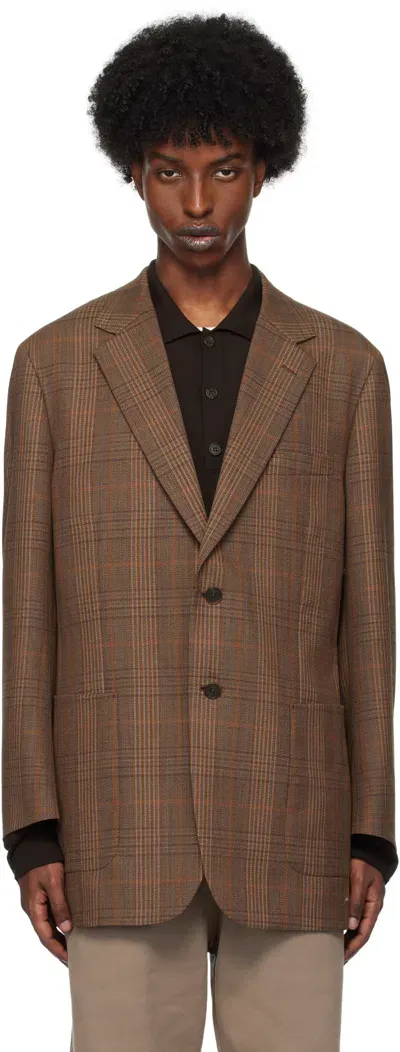 Auralee Brown Bluefaced Wool Check Double-breasted Blazer In Brown Check