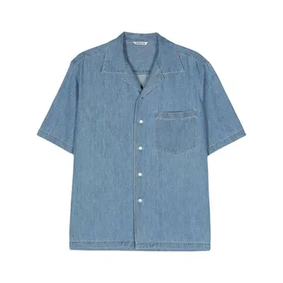 Auralee Short-sleeved Denim Shirt In Washed Indigo