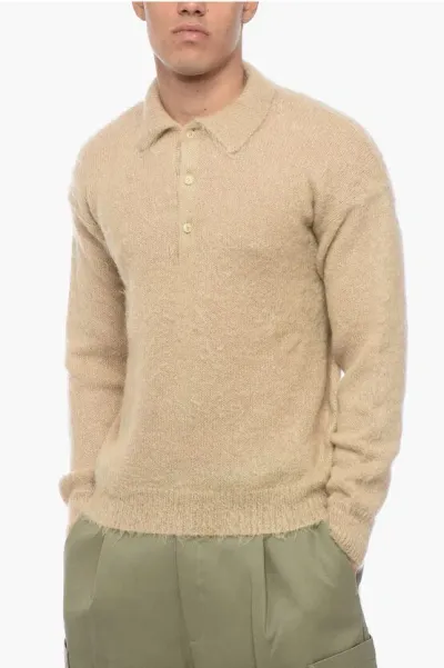 Auralee Solid Color Fuzzy Sweater With Polo Neck In Neutral