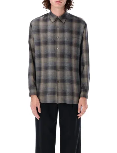 Auralee Super Light Wool Check Shirt In Charcoal Grey Check