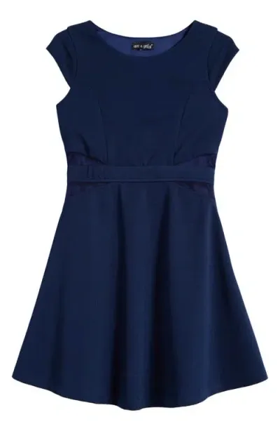 Ava & Yelly Kids' Mesh Insert Skater Dress In Navy