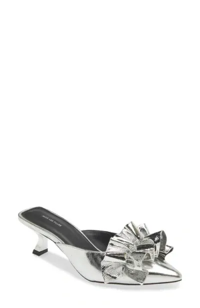 Avec Les Filles Bella Ruffle Kitten Heel Mule In Silver