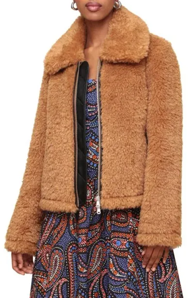 Avec Les Filles Faux Fur Zip-up Jacket In Camel