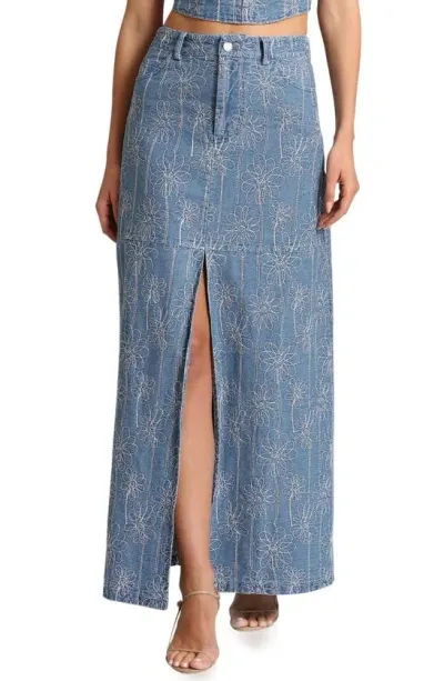 Avec Les Filles Floral Embroidered Slit Denim Maxi Skirt In Douro Wash