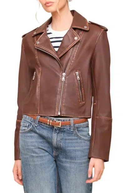 Avec Les Filles Leather Biker Jacket In Luggage