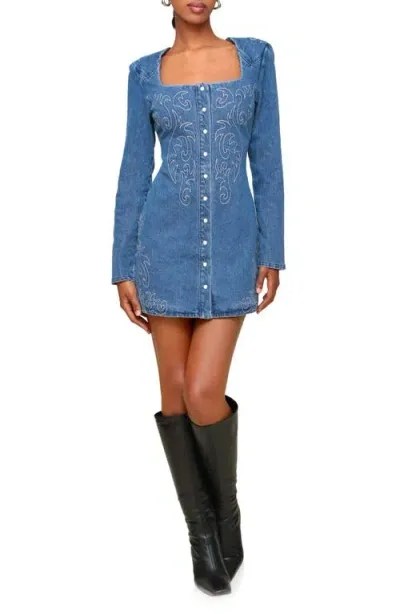 Avec Les Filles Western Embroidered Long Sleeve Denim Minidress In Provence W