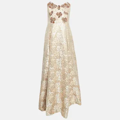 Pre-owned Badgley Mischka Rose Gold Floral Motif Brocade Sequin Detail Strapless Gown L