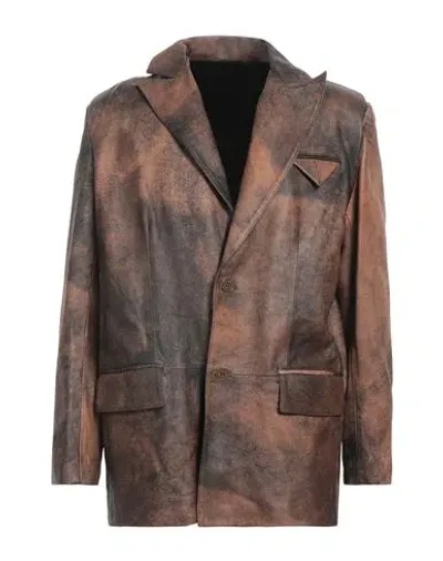 Baia Leather No Vent Peak Lapel 2-button Blazer In Brown